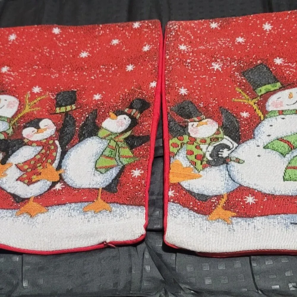 2 Vtg Style Red White Christmas Pillow Cover Snowman Tapestry Appx 16x16